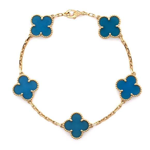 Van Cleef & Arpels Vintage Alhambra 5 Motifs Bracelet 18K Yellow Gold and Agate - Picture 1 of 4